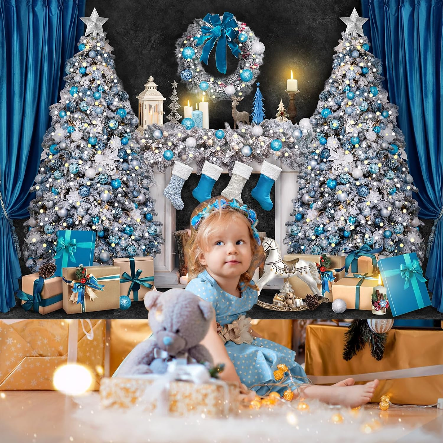 Avezano 10X7Ft Christmas Fireplace Backdrop Blue Christmas Tree Background for Photography Vintage Xmas Night Photobooth Party Decoration