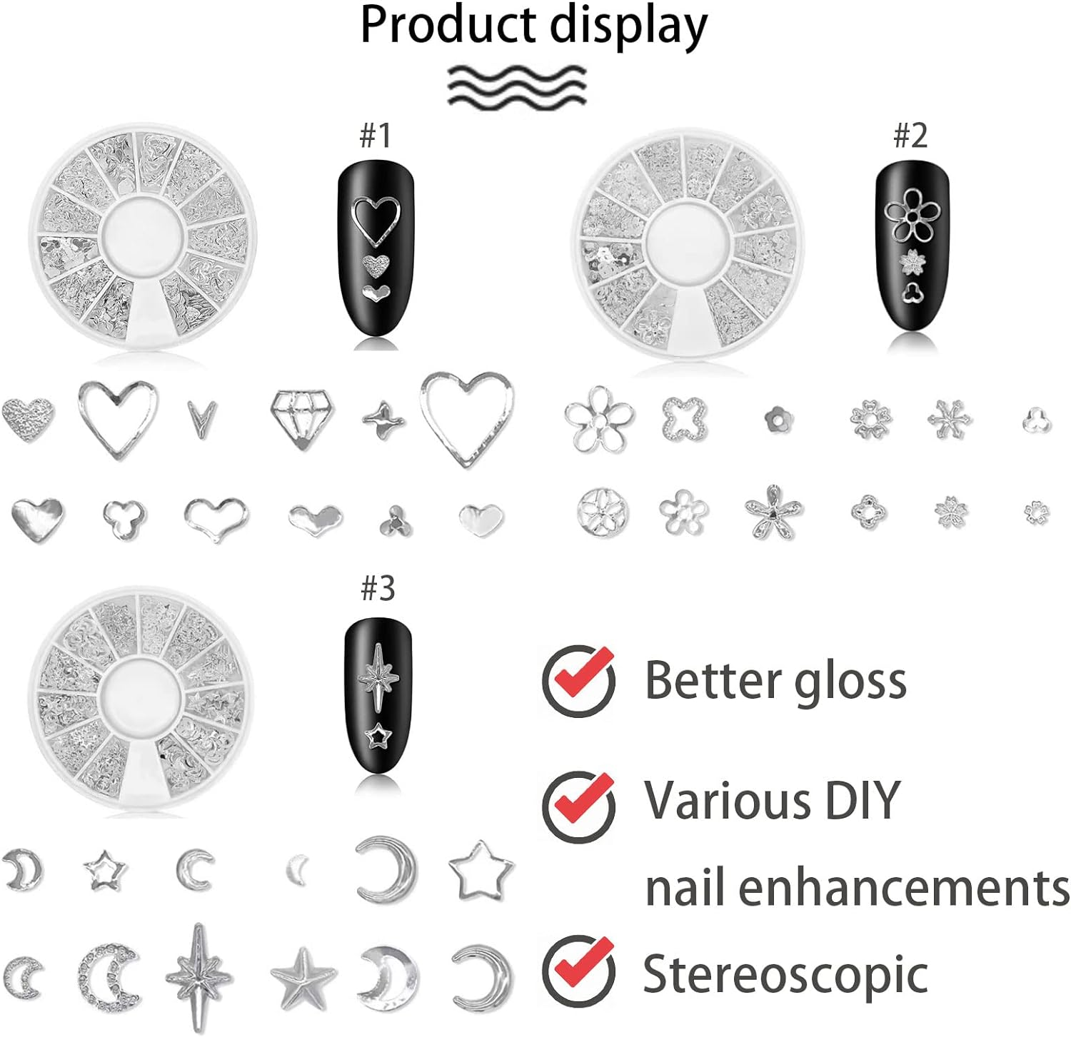 Silver Nail Charms 3D Nail Art Accessories Metal Nail Charms for Acrylic Nails, Hollow Heart Nail Charms 3D Nail Art Decoration with Nail Packaging Boxes(3 Boxes)，Diy Nail Stuff for Nail Techs image number 2