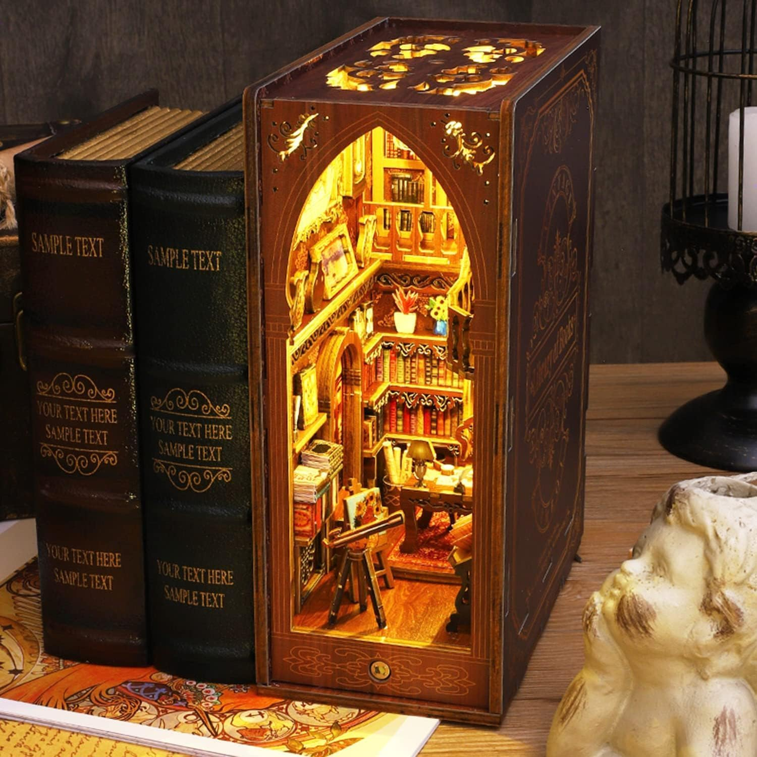Book Nook Kit for Adults, DIY Miniature Dollhouse with LED Lights 3D Wooden Puzzle Bookend for Bookshelf Decor, Tiny Model House to Build image number 5