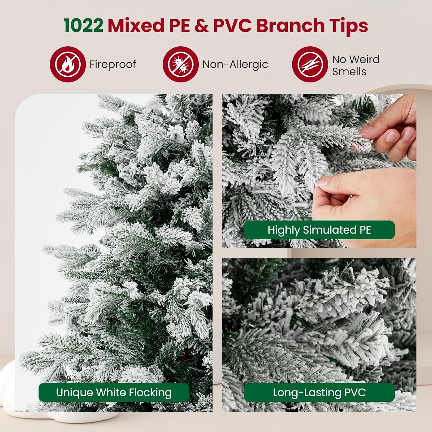 Costway 1.8M Artificial Flocked Christmas Tree with 1022 PE PVC Branch Tips & a Pair of Gloves & 350 Warm White LED Lights, Pre-Lit Hinged Xmas Decor Tree for Home, Office & Carnival, Easy Setup image number 5