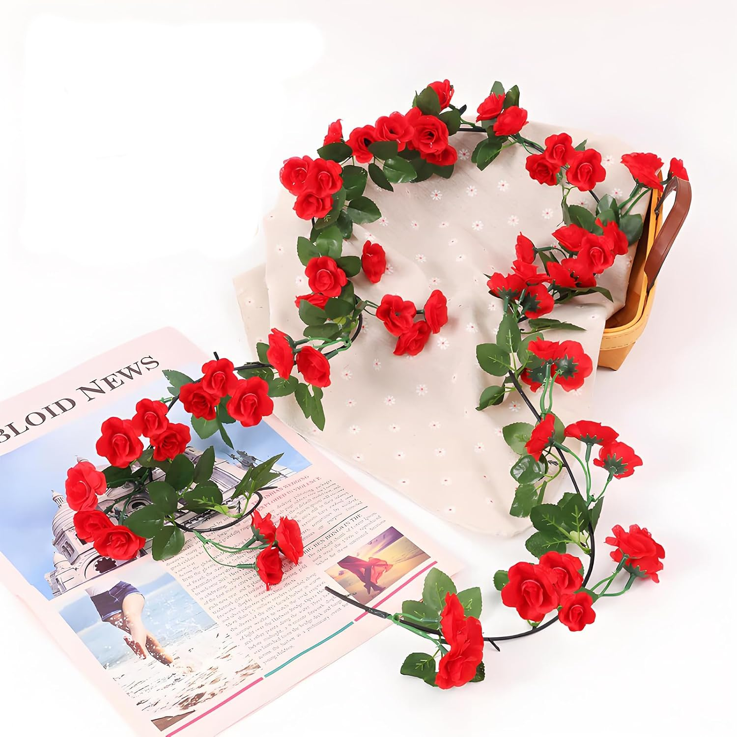 KEAIDUO 2 Pack 6Ft Artificial Fake Rose Garland Vines Hanging Silk Flowers for Outdoor Indoor Wedding Wall Badroom Decoration Red image number 4