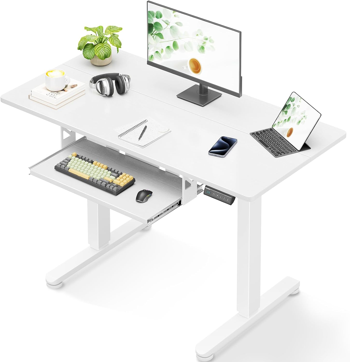 ODK Electric Standing Desk with Keyboard Tray & Memory Control,72-118Cm Height Adjustable Sit Stand Desk,Ergonomic Computer Desk for Home Office,100 * 50Cm,White image number 3