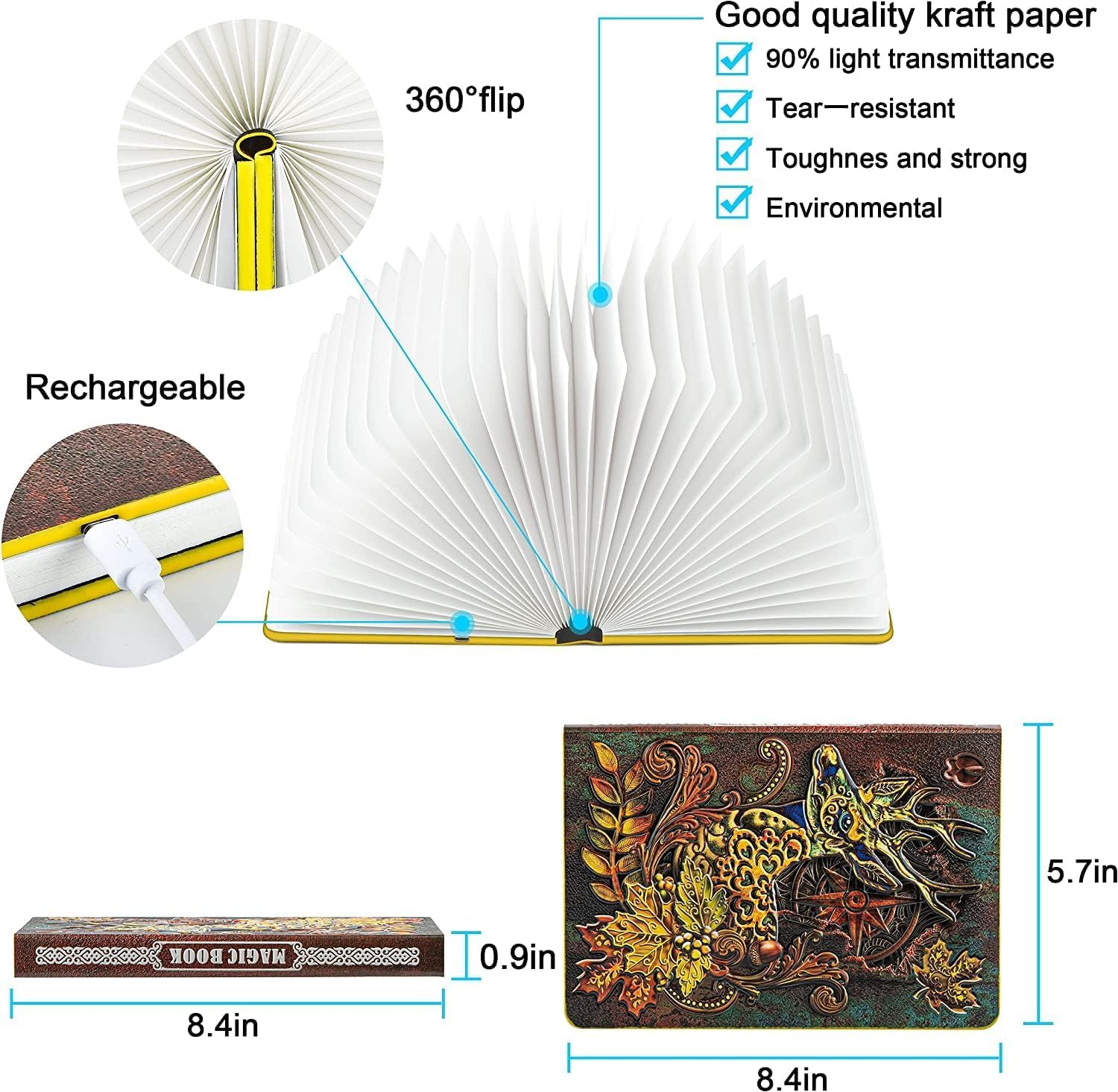 3D Elk Embossed Deer Book Lamp,Usb Rechargeable 3 Color Kids Night Light,Led Book Lights Multicolor Gifts for Baby Boys Girls Children Toddlers,Room Decoration (8.46 Inch Book Light)