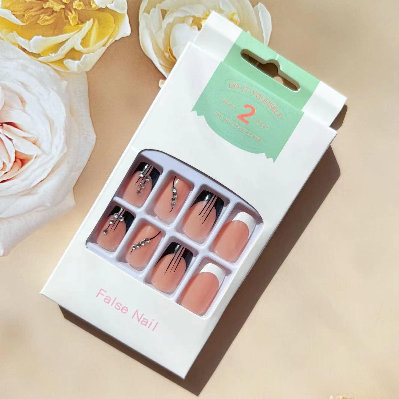 24 Pcs Square French Press on Nails Medium Fake Nails French Line Glue on Nails with Rhinestone Designs Full Cover False Nails Black White Nail Tips for Women Girls image number 5