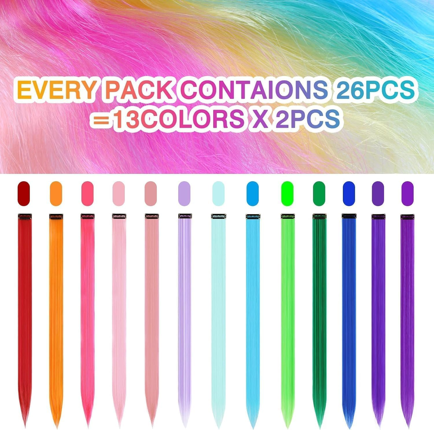 26Packs Color Hair Extensions Clip In, POIUNA 20Inch Rainbow Hair Extensions for Kids Clip in Hair Extension for Kids Girls Party Highlights Synthetic Hairpiece for Girls (13 Colors) image number 2