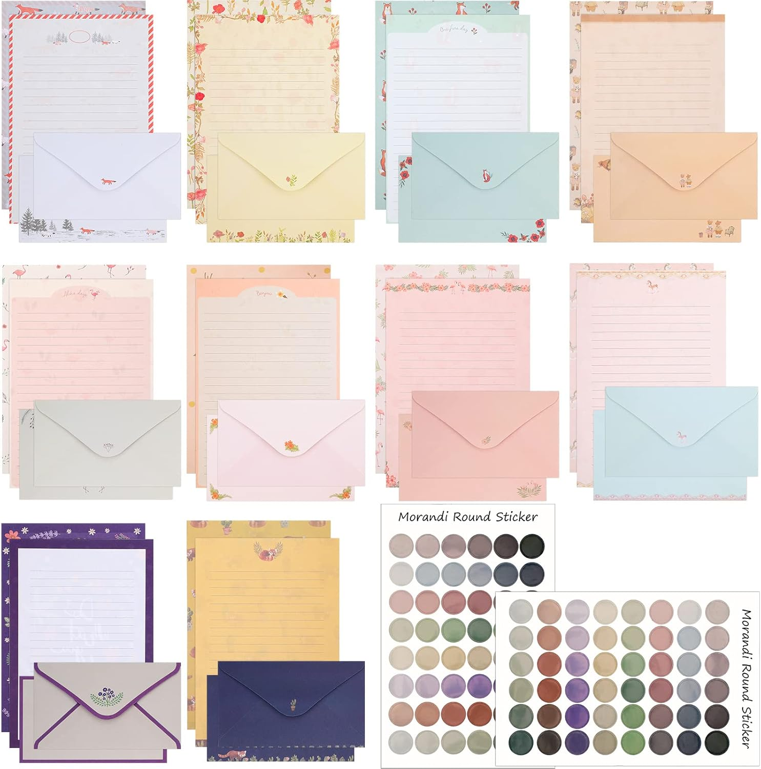 Laumoi 180 Pcs Papers and Envelopes Set - 60 Envelopes, 120 Lined Writing Paper, 96 Colorful round Dot Stickers, 10 Designs (Vibrant) image number 1