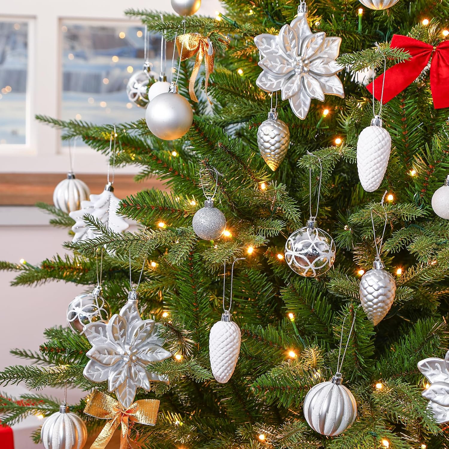 Shareconn 106PCS Christmas Balls Ornaments Set, Colorful Shatterproof Plastic Decorative Baubles for Xmas Tree Decor, Holiday, New Year, Wedding Party Decoration with Hooks Included, White &Silver image number 1