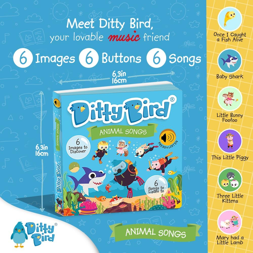 Ditty Bird | Animal Songs Book for Toddlers | USB-C Rechargeable Interactive Sound Books with Baby Shark & More | Musical Toy for 1-3 Year Olds | Sturdy Sensory Gift for Baby image number 2