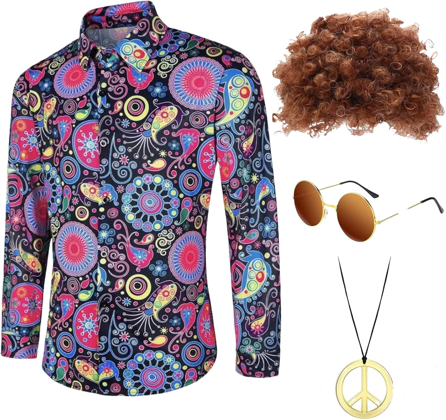 4 PCS Hippie Costume for Mens 60S 70S Disco T-Shirt Afro Wig Accessories Set for Halloween Party Cosplay