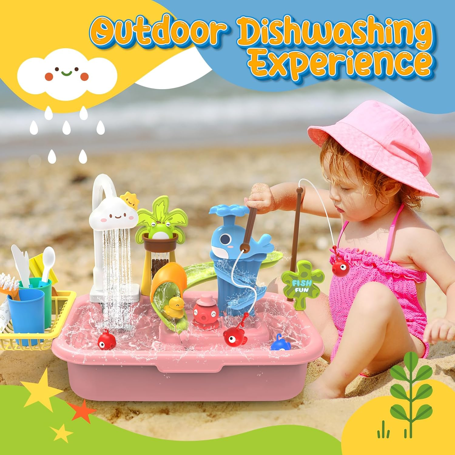 Play Sink with Running Water, 4-In-1 Kids Kitchen Sink Toys with Electric Faucet, Water Table Floating Pool Toy W/Fishing Game, Duck Slide, Pretend Play Dishwasher Set for Toddler Boys Girls (Pink) image number 1