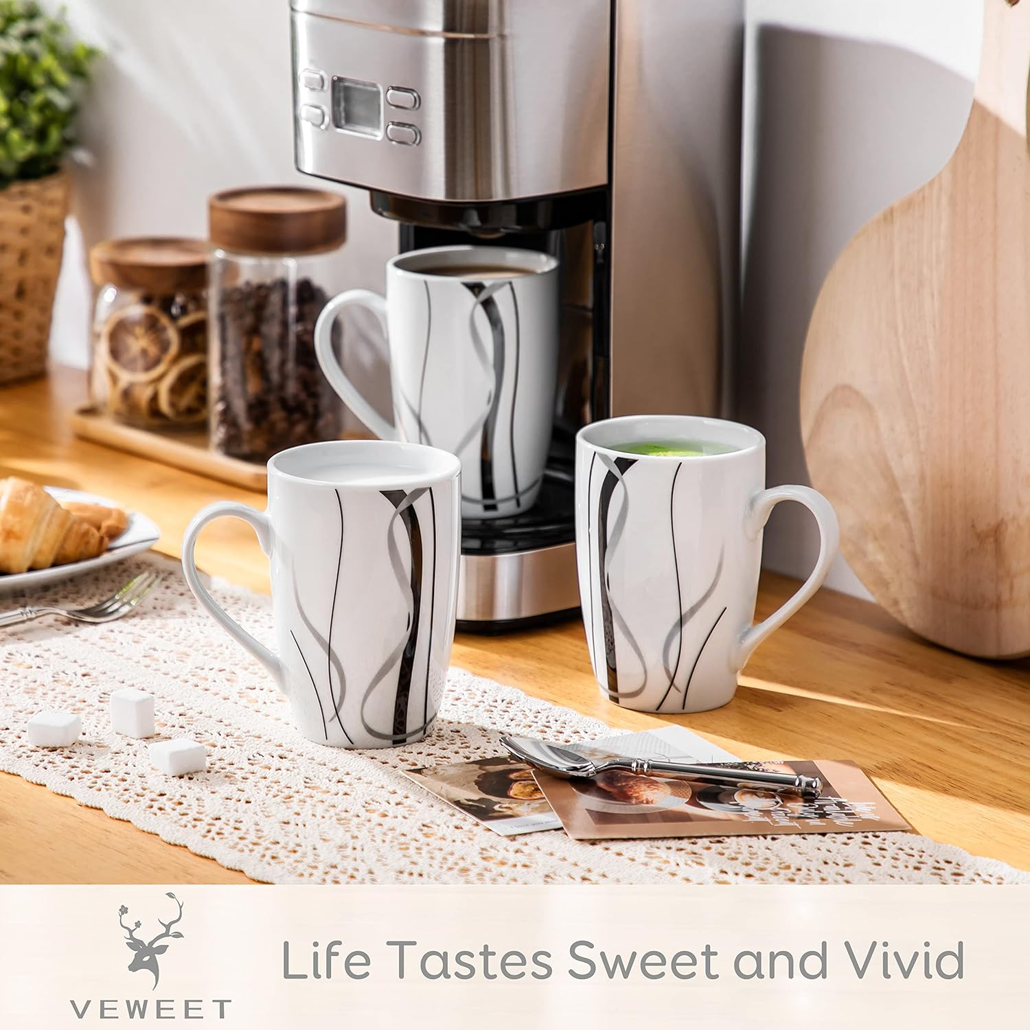 VEWEET Coffee Mugs Set of 6, 16 OZ Large Coffee Cups Set, White Mug Sets Ceramic Mugs Set with Big Handle, Microwave Dishwasher Safe, Series Fiona image number 1