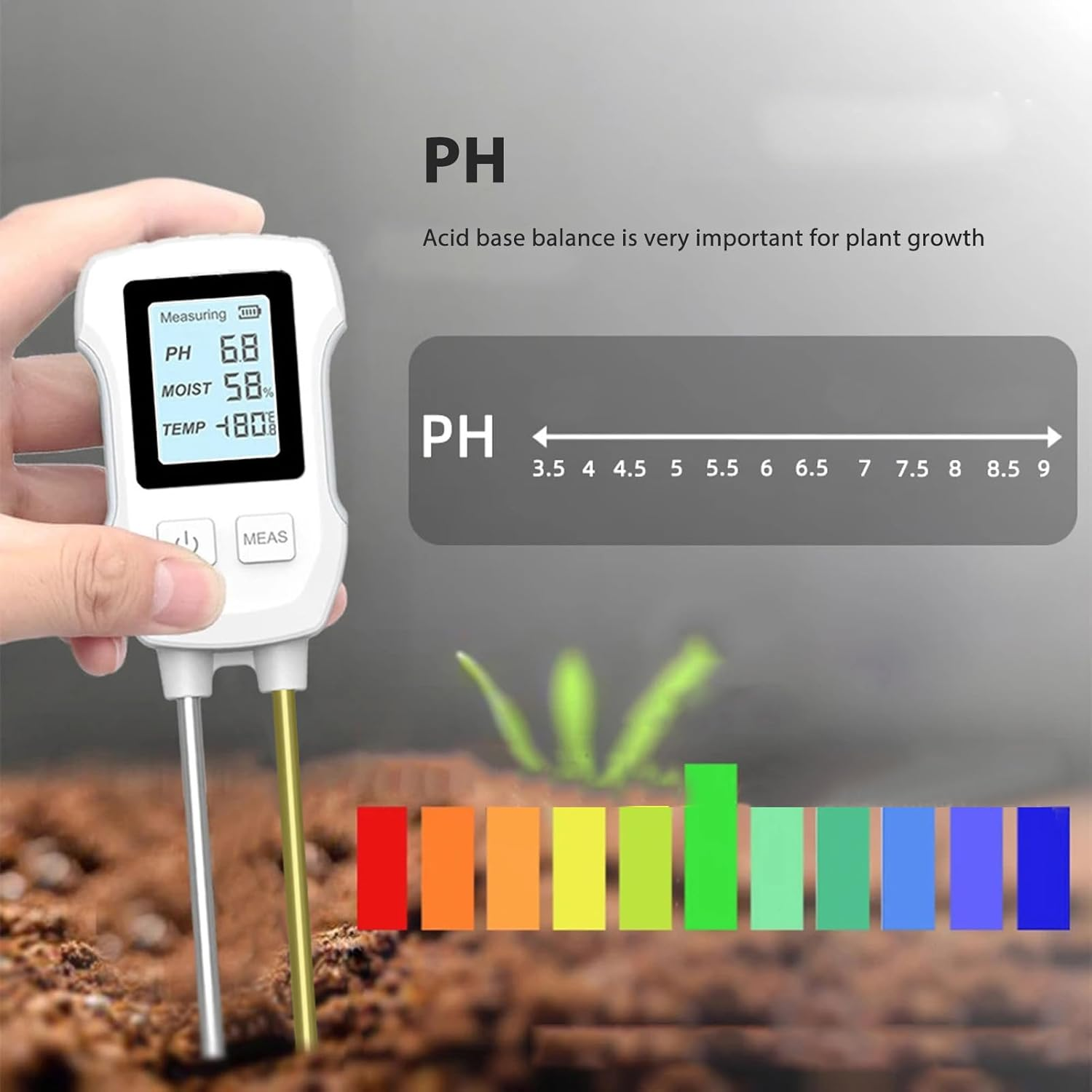 Soil Moisture Sensor Meter, 3 to 9 Soil PH Tester, 0% to 90% Moisture Range Dual Probe Soil Moisture EC Tester with Digital Display, for Gardening Farming image number 6