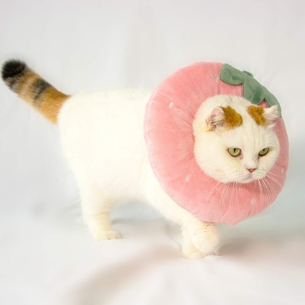Adjustable Cat Recovery Collar Soft,Cute Pet E-Collar Neck Cone after Wound Healing Protective Cone Fit for Kitties, Small Dogs (Pink Strawberry, S) image number 4