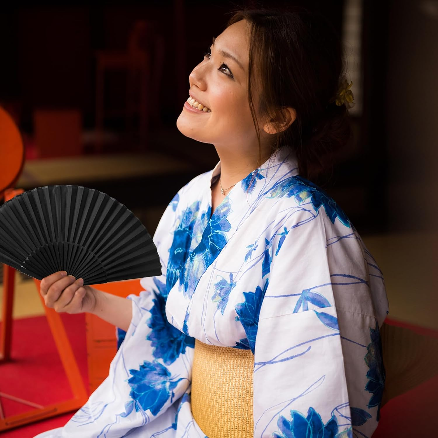 2 Pack Silk Folding Fans, Black Classic Handheld Fan 8.2In Small Hand Held Bamboo Fabric Chinese Vintage Hand Fans with Case for Dance, Performance, Wedding, Cosplay, Decorations, Party Favor, Gift image number 5