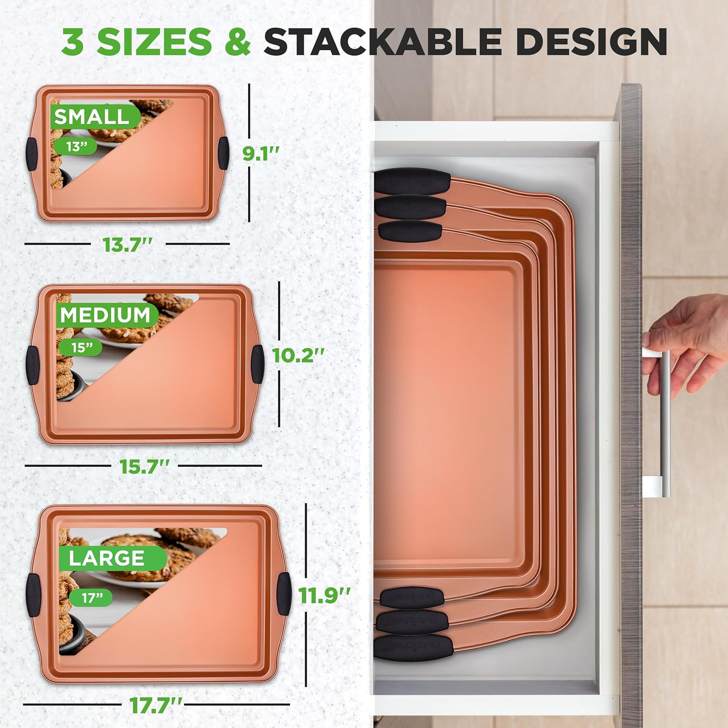 Nutrichef 3 Piece Baking Pan Set - PFOA, PFOS, PTFE Free Flexible Nonstick Carbon Steel Bakeware Set - Home Kitchen Bake Pan Cookie Sheet Stackable Baking Tray Set W/Black Silicone Handles image number 6