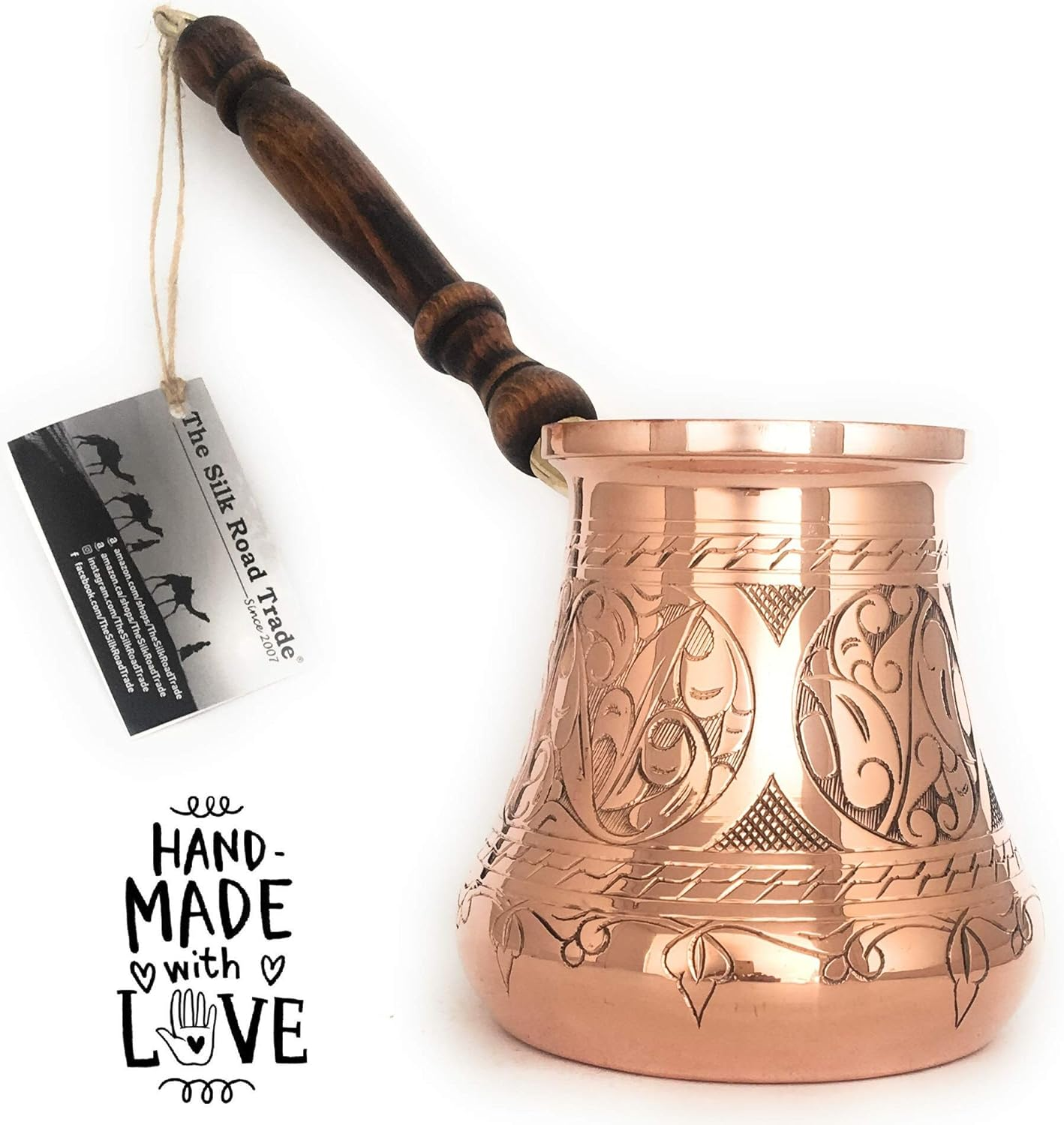 PC Series - Thickest Solid Copper Turkish Greek Arabic Coffee Pot, Heavy Duty Engraved Body Hammered Bottom with Wooden Handle, Stovetop Coffee Maker Jazzve Cezve Ibrik Xx-Large Copper image number 4