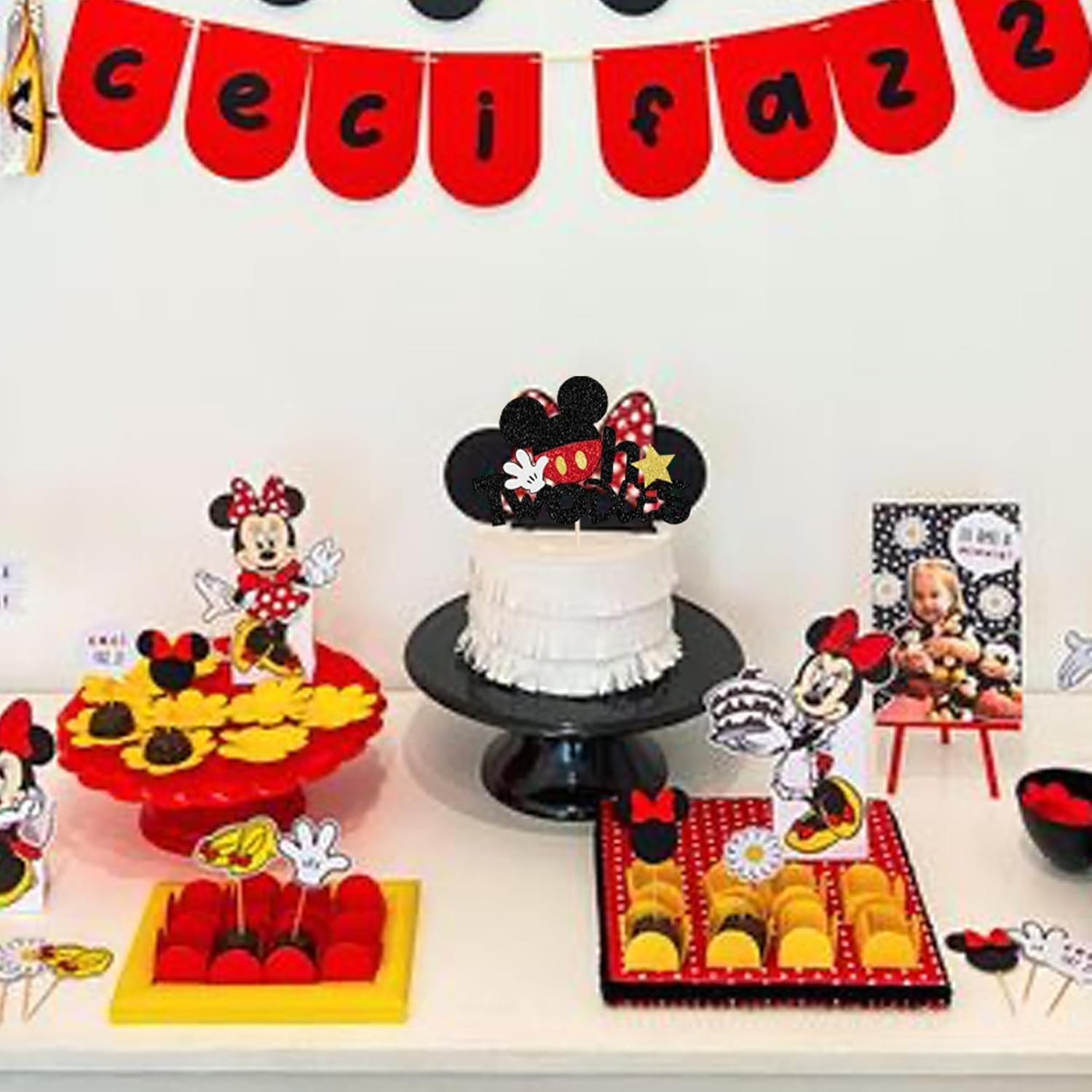 1 Pack Mouse Oh Twodles Birthday Cake Toppers - Glitter White Gloves Star Mouse Inspired Second Cake Pick for Baby Shower Kids Party Decorations Supplies Red (#4) image number 2