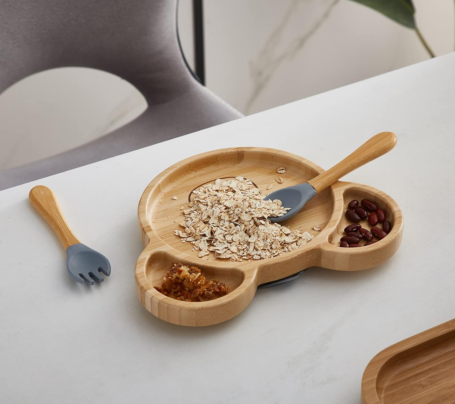 Bamboo Baby Silicone Suction Plate & Spoon Set for Toddler Kids Self Feeding - Wood Handled Spoon with Silicone Tips - Non-Slip Stay Put Divided Weaning Set for High Chair (Fancy Grey) image number 5