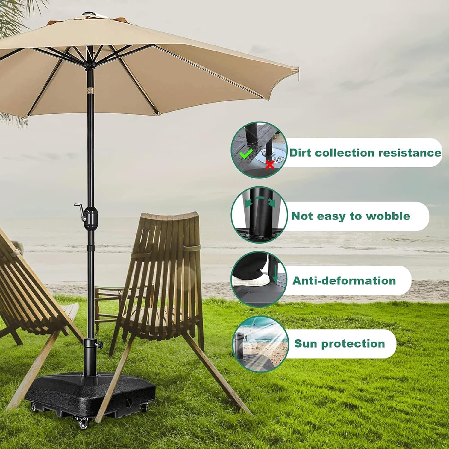 Umbrella Base with Wheels, Market Umbrella Stand for Outdoor Patio Deck Poolside Garden, 35Kg Capacity, 48 * 48 * 39Cm Black image number 5