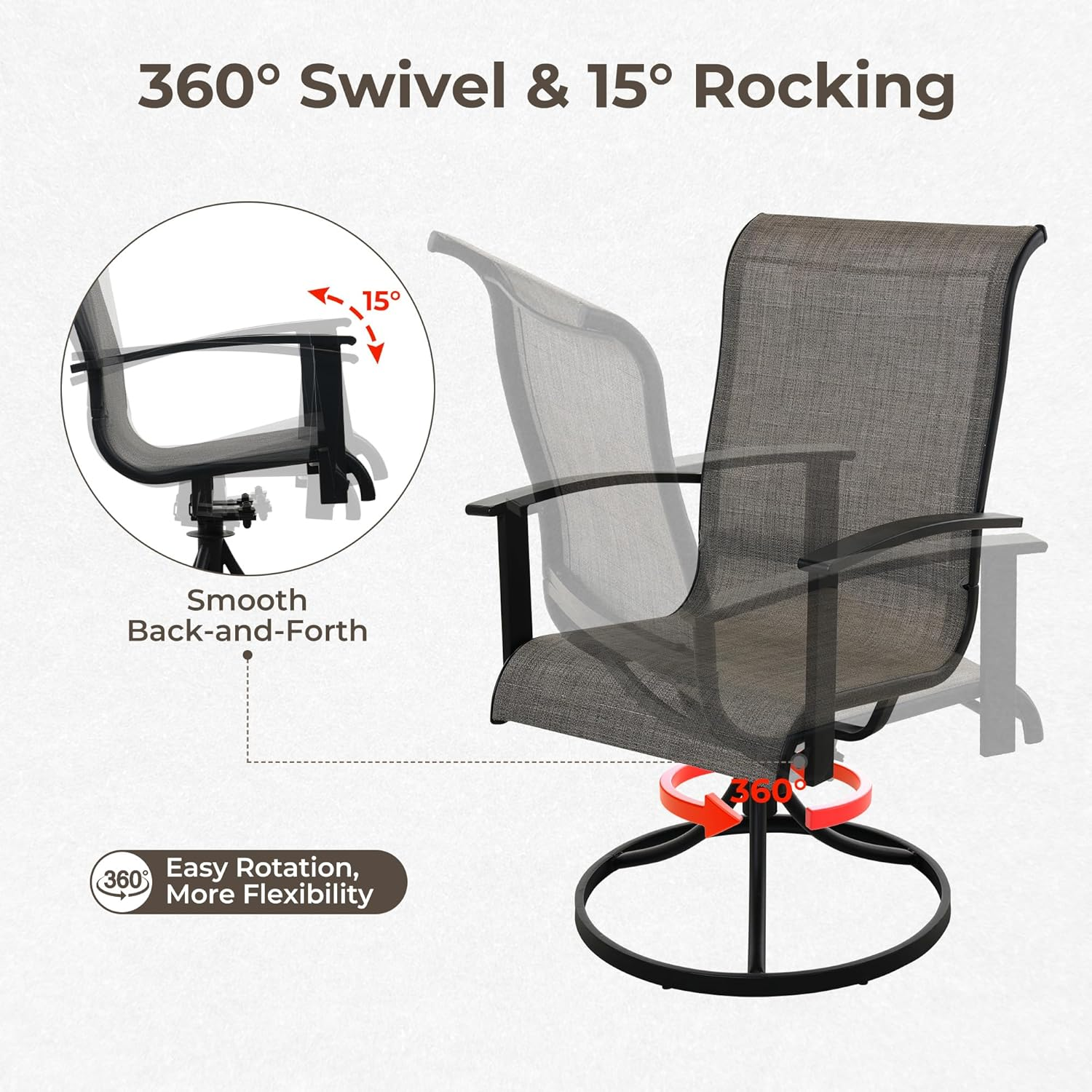 Grand Patio Outdoor Swivel Dining Chairs Set of 2, 360 Degree Swivel Patio Chairs with Mesh Sling and Rocking Frame for Lawn, Porch, Garden, Mixed Coffee image number 1