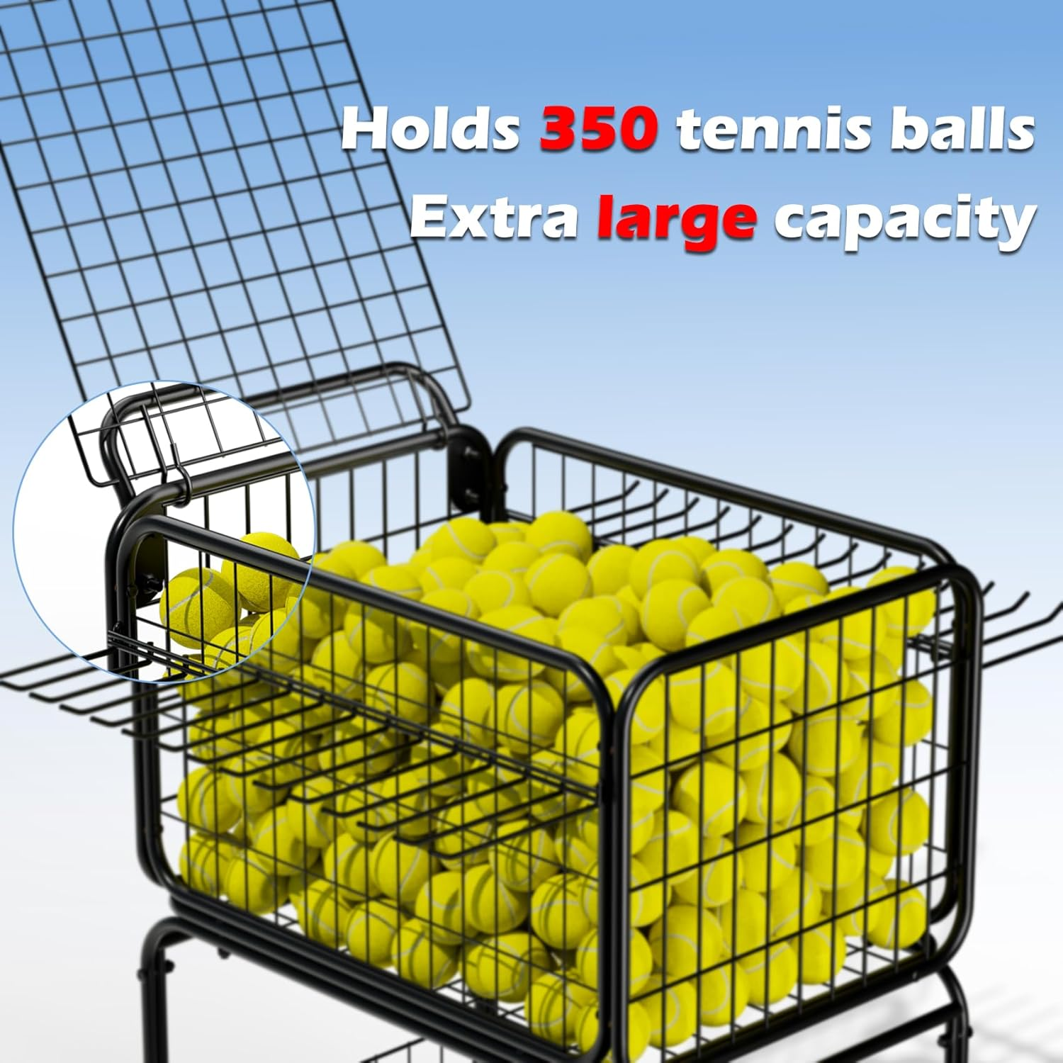Ball Storage, Tennis Ball Cart for 350 Balls, Trolley Cart with Wheels Laundry Basket, Extra Large Utility Trolley for Storage Sport Equipments DIY Tools Toys Ball Hopper Tennis Racket image number 2