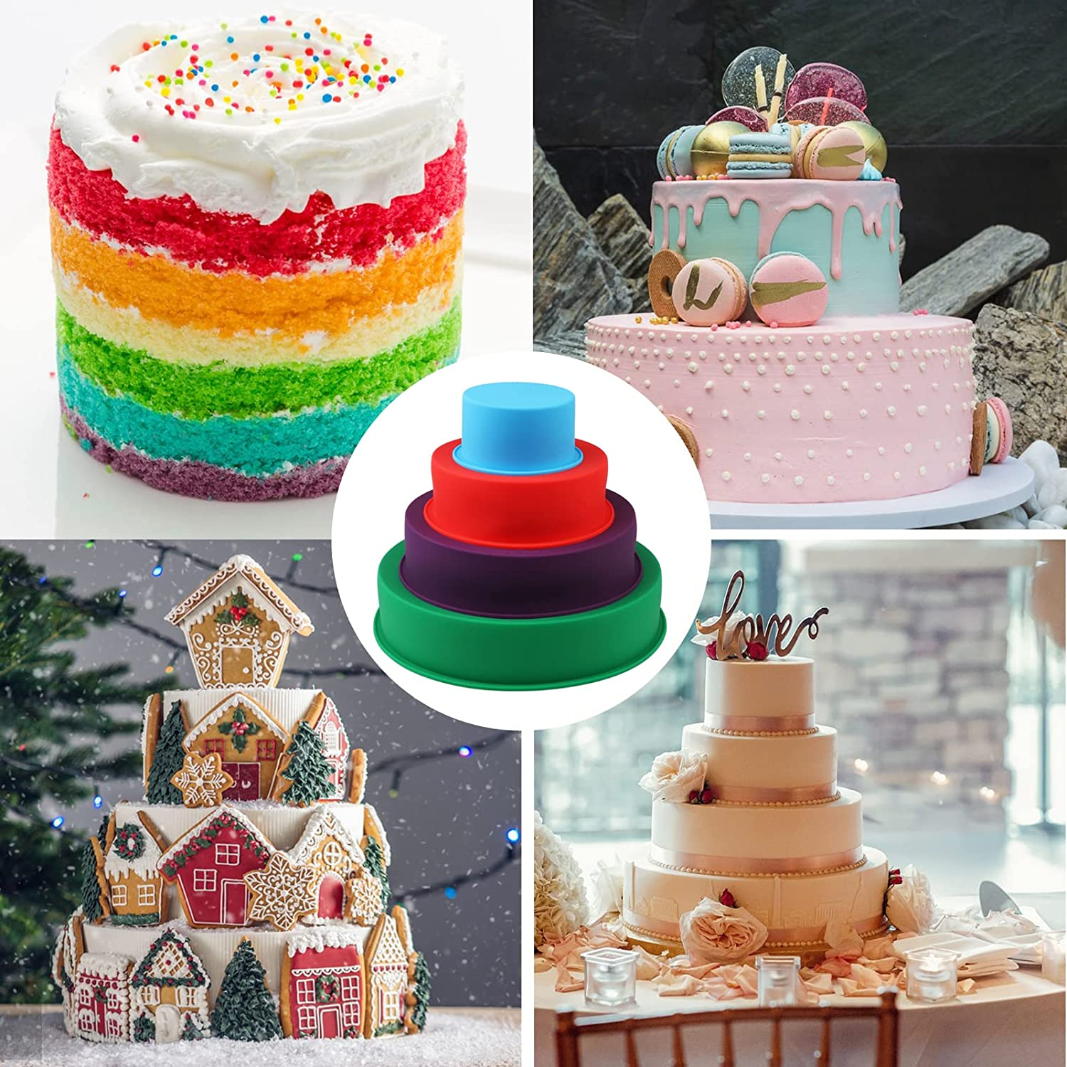 Silicone round Cake Pans Set, 4 Pcs (4"/6"/8"/10") Extra Thick Nonstick Leakproof round Deep Cheesecake Pans, Layer Baking Pans Cake Tins Set for Birthday Wedding Tier Cake image number 6