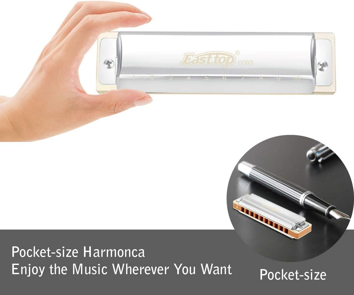 East Top Harmonica, 10-Hole 20 Tones Professional Diatonic Blues Harmonica Key of a with Silver Cover Probgrade Harmonicas for Professionals, Beginner, Students, Adults and Kids, as Best Gift image number 2