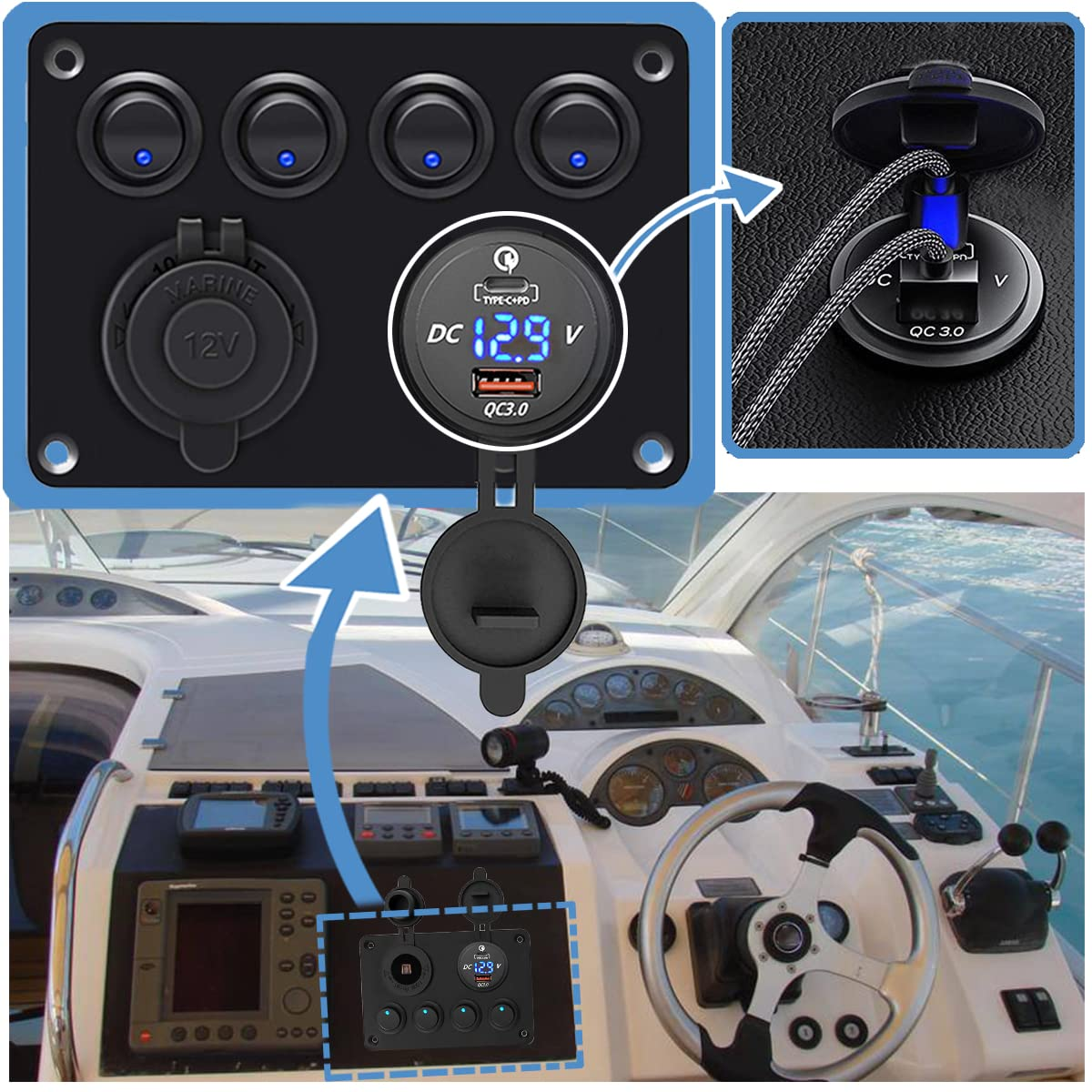 Toggle Switch Panel with USB C, IP65 Waterproof Aluminum Panel, USB Charger + Lighter Socket + Digital Voltmeter, 4 Gang 12V/24V Rocker Switches Builtin 15A Fuse for Car Boat RV Vehicles Truck Marine image number 6