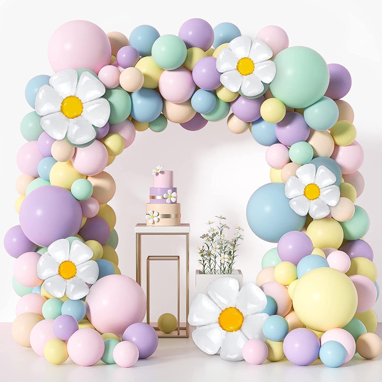 161 Pcs Daisy Balloon Garland Arch Kit Party Pastel Balloons Flower Balloons Macaron Pastel Balloons for Birthday Wedding Christmas Festival Picnic Family Party Decoration image number 1