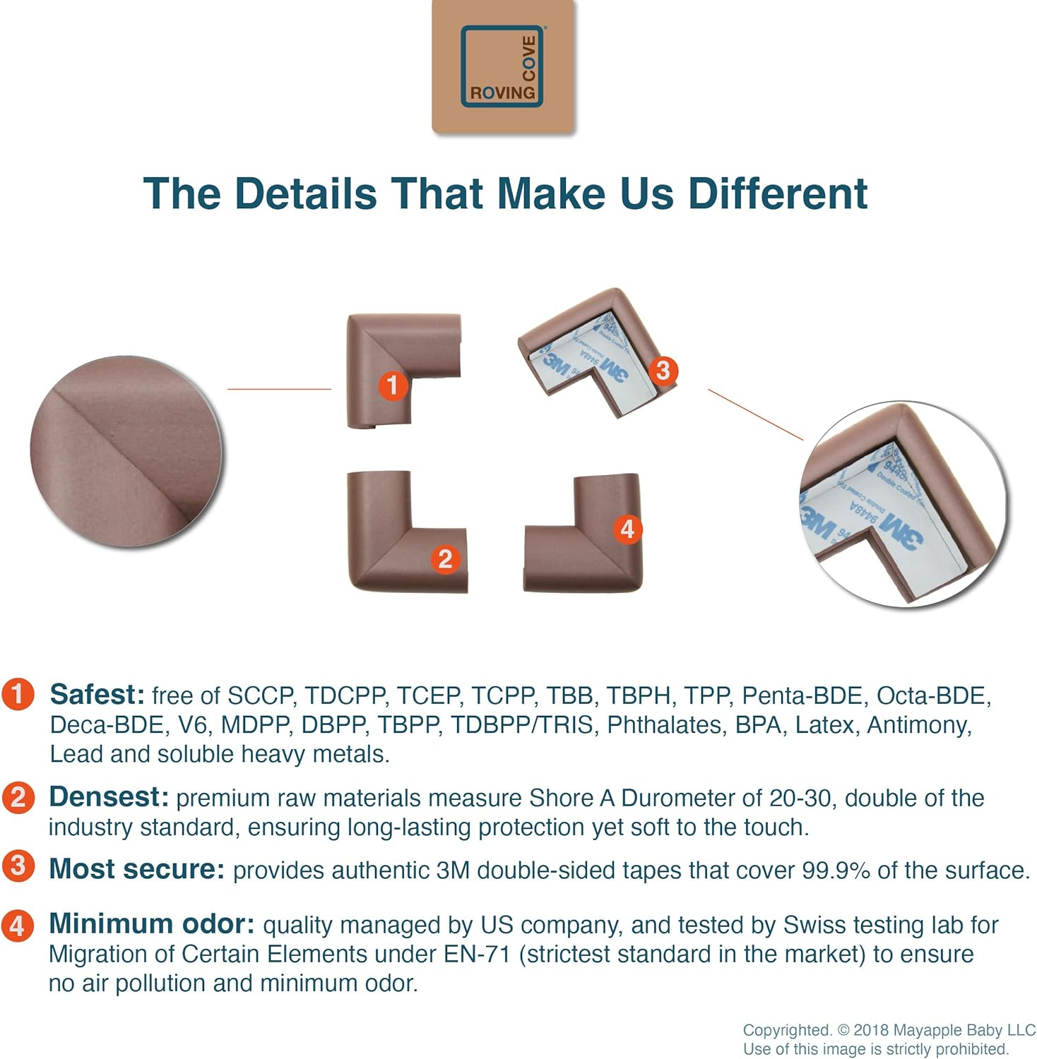 Roving Cove Heftyfit Corner Protector for Baby (16 Large Corners), Heavy-Duty Soft Rubber Foam Furniture Corner Bumper Guards, 3M Adhesive Pre-Taped, Coffee Brown image number 3