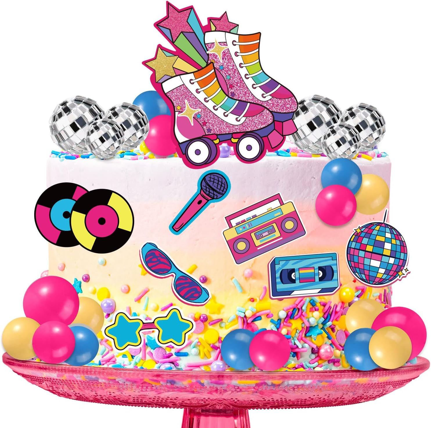 31Pcs Roller Skate Cake Toppers, Disco Ball Cake Topper Retro 80S 90S Cake Toppers Hip Hop Theme Cake Decorations Rolling Skate Party Decorations image number 3