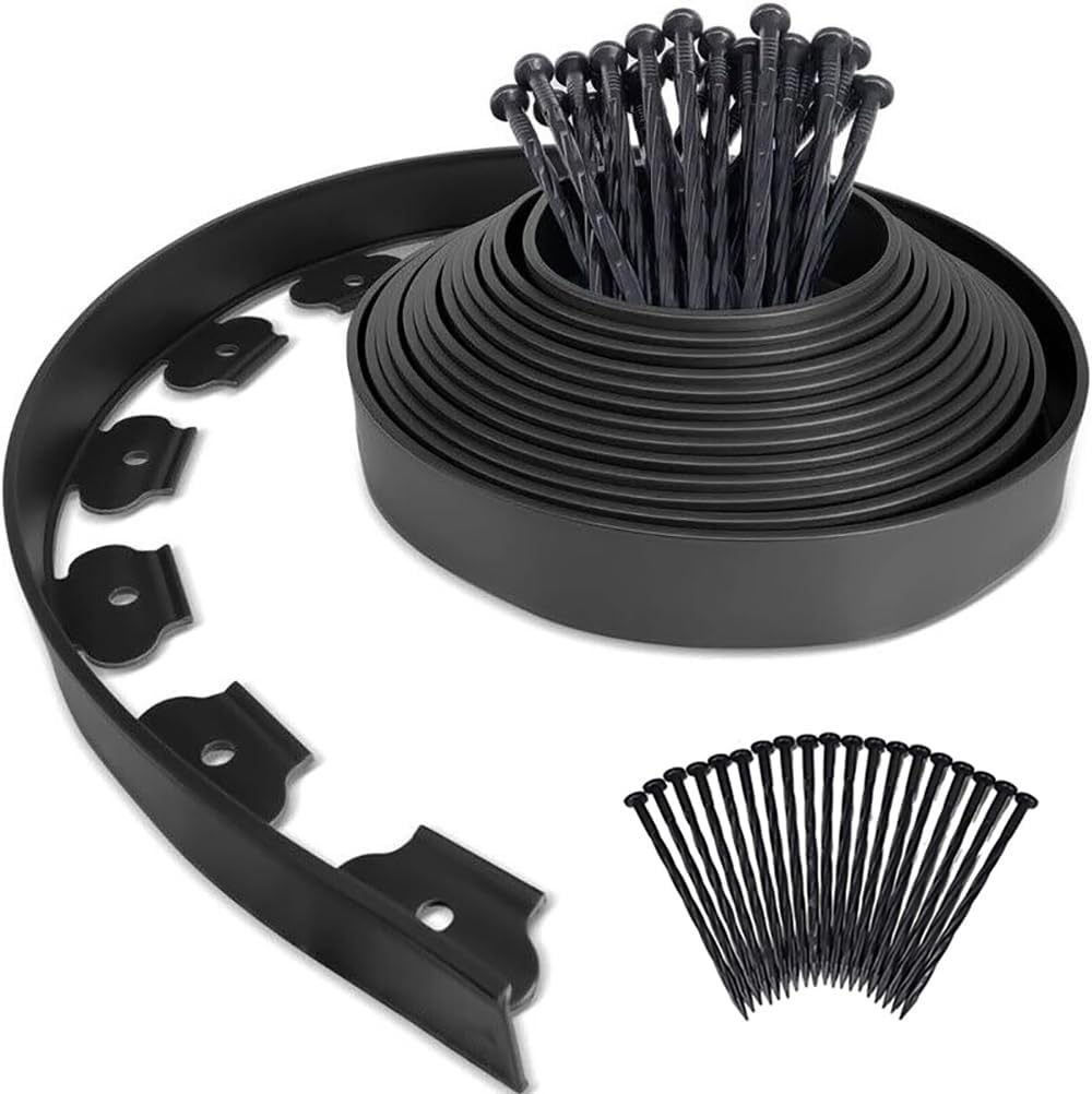 HOT Seal 2 Inch Tall Garden Landscape Edging Kit 20 FT, Bonus 20Pcs Spiral Spikes, Black Plastic Lawn Edging for Landscaping, Lawn, Yard, Flower Gardens Border