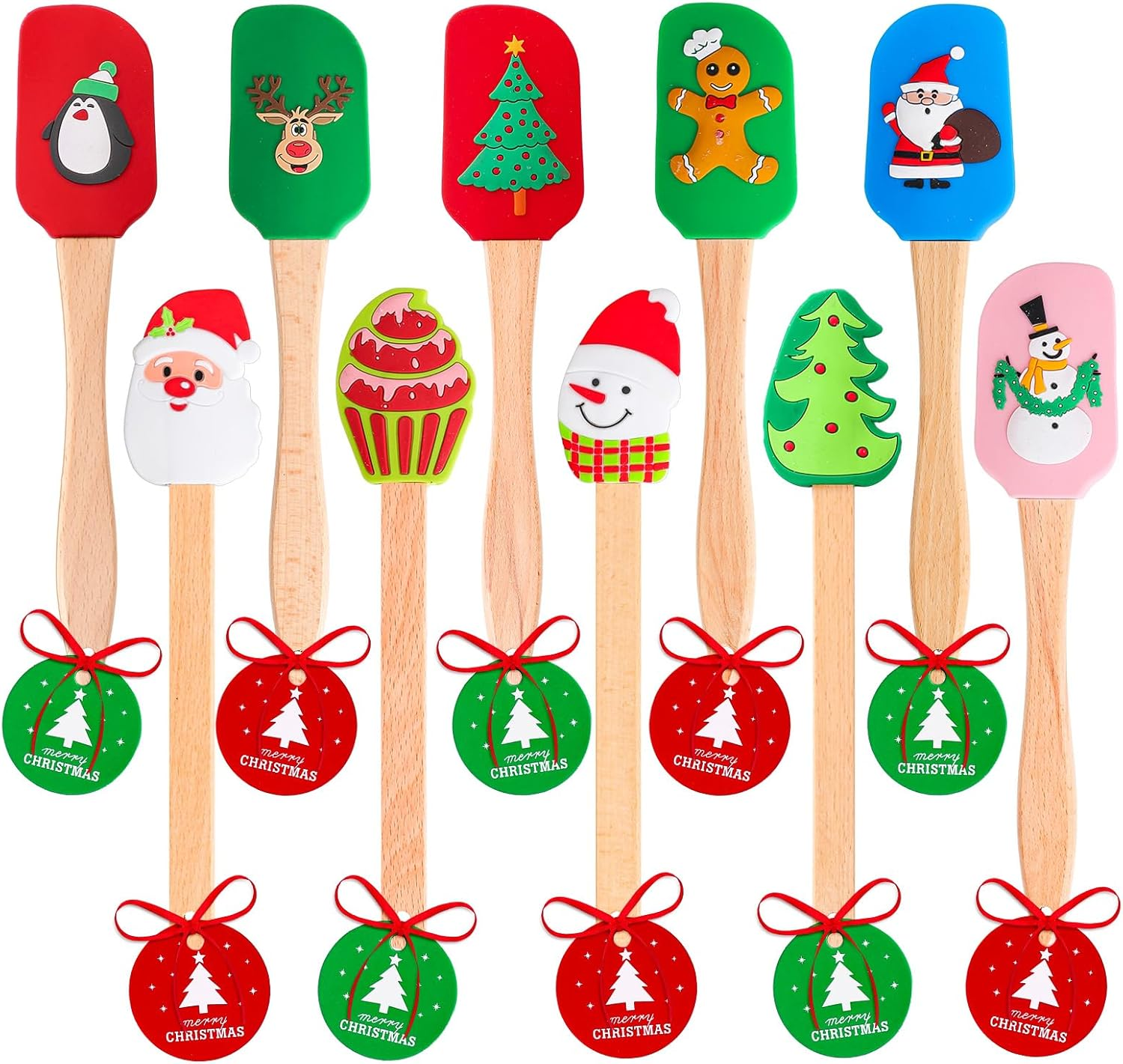 Whaline 10Pcs Christmas Silicone Spatula Xmas Tree Santa Spatula with Wooden Handle Xmas Snowman Dish Pan Scraper Cute Pancake Spatula with Tag & Ribbon for Kitchen Baking Mixing Cooking image number 0