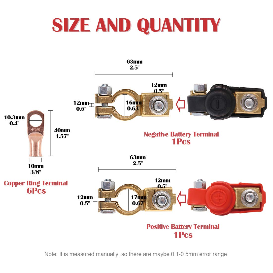 Hilitchi 1 Pair Car Battery Terminal Connectors Clamp and 6 Pcs Wire Lugs Battery Cable Ends Copper Eyelets Negative and Positive Top Post Copper Corrosion Resistance for Car Van and More image number 2