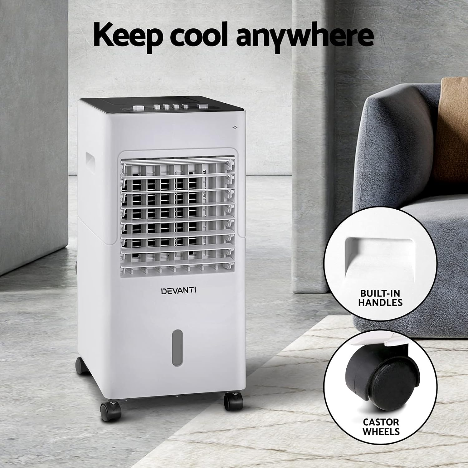 Devanti Evaporative Air Cooler, 4 in 1 Portable Air Conditioner, 6L Water Tank, 3 Speed, Auto Swing, W/2 Ice Box, Air Purifier for Bedroom Home Office image number 2