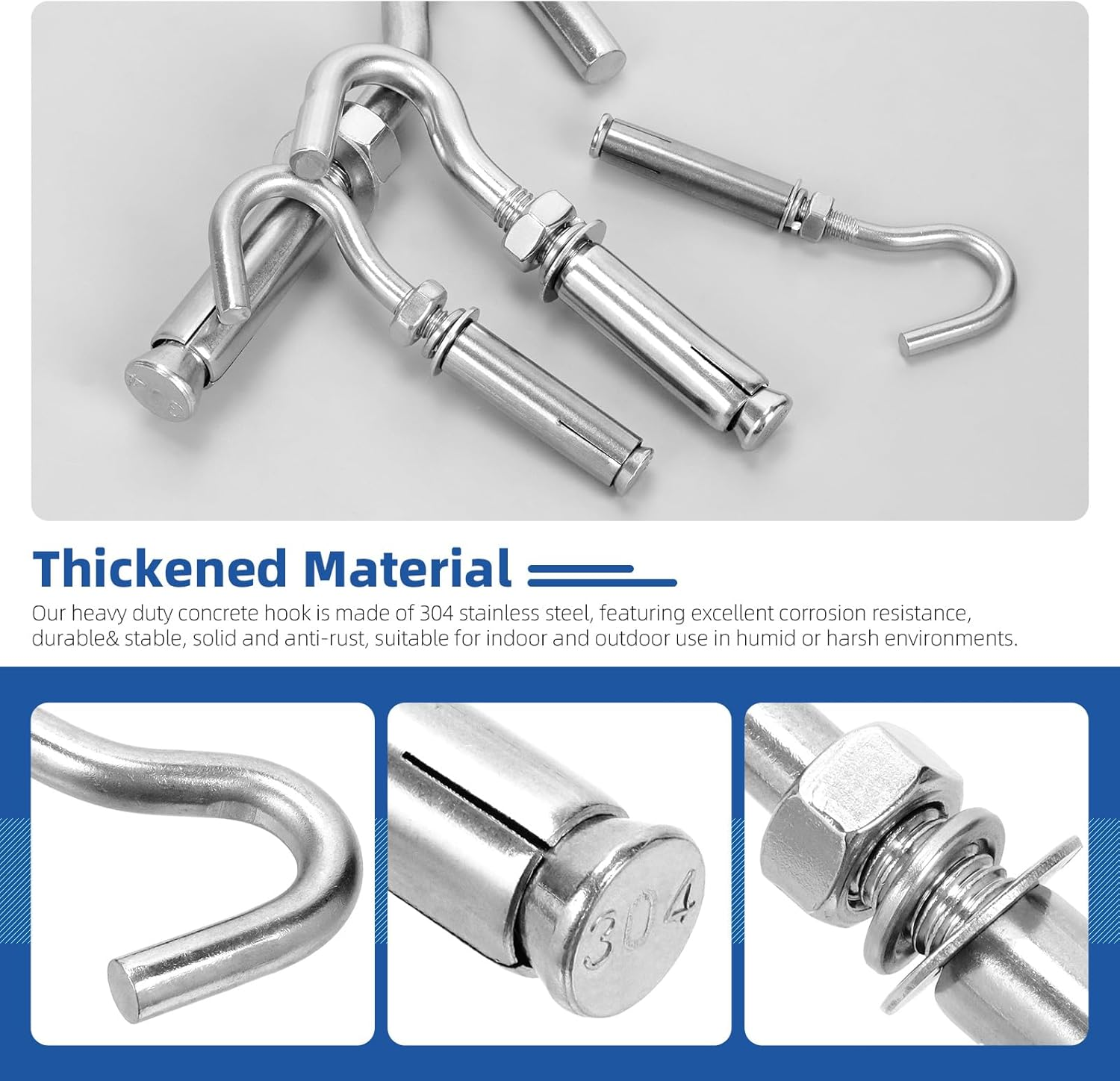 Glarks 6Pcs M10 Expansion Hook Set, 304 Stainless Steel Open Cup Hook Screw, Heavy Duty Concrete Hook, Expansion Screw in Hooks, Concrete Wall Hook for Concrete Brick Stone Ceiling Hanging image number 3