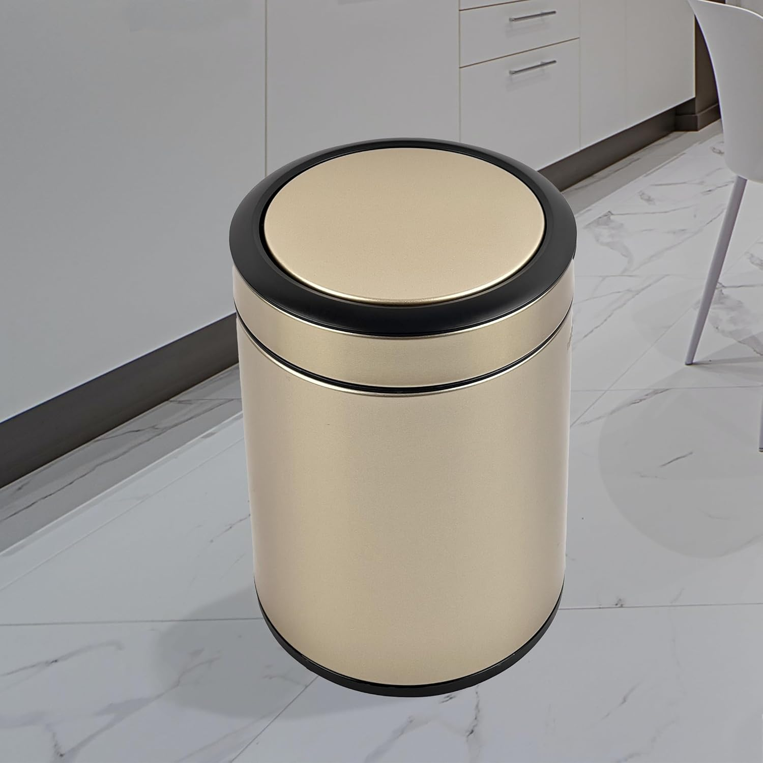 Kingsuns Luxury Hotel Dustbin with Lid Stainless Steel 8 Liter Small Trash Can Cylindrical Golden Color Fashion for Office, Living Room, Bedroom, Restroom, Beauty Salon, DB736B image number 3