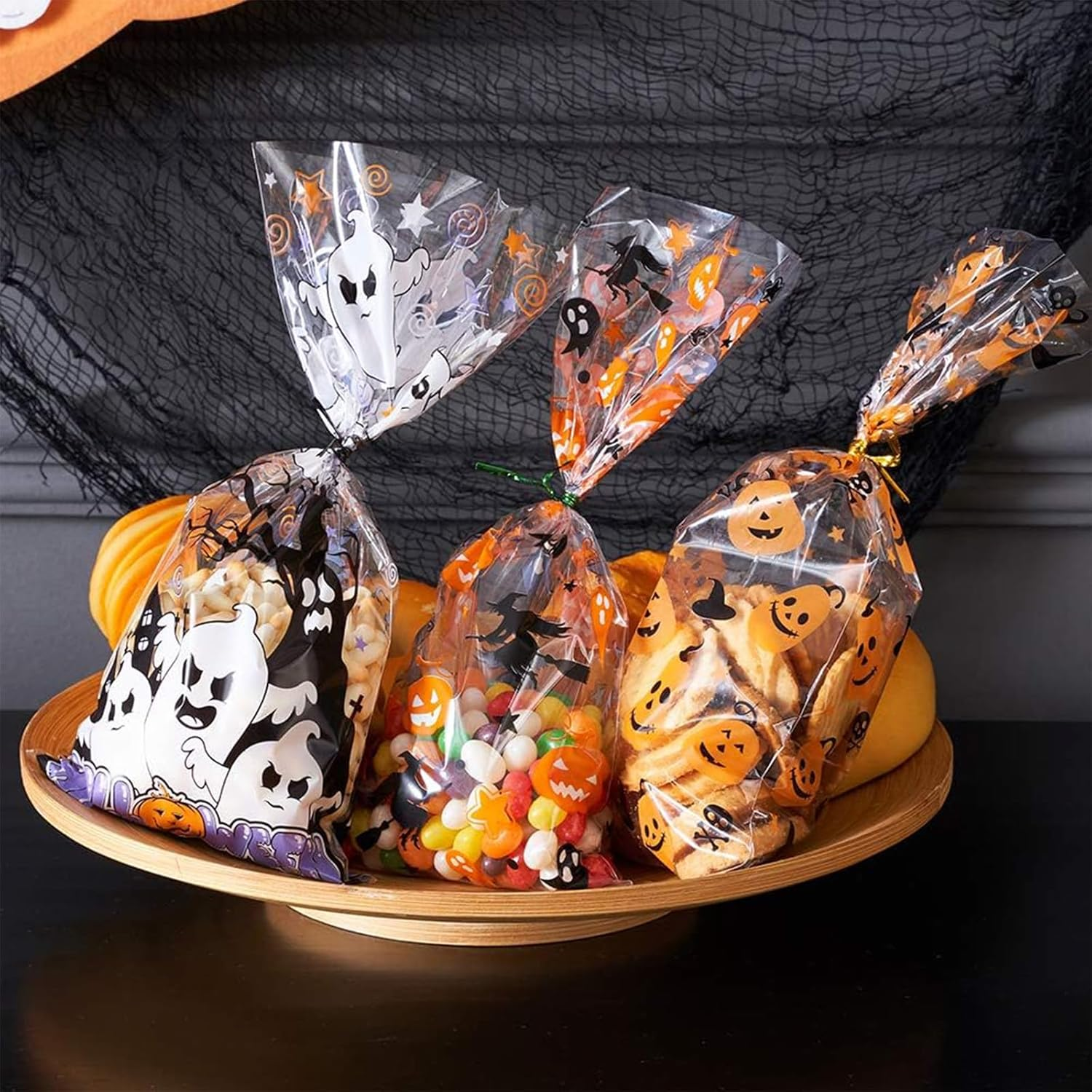 Halloween Cellophane Treat Bags, 100Pcs Halloween Plastic Clear Candy Bags with 100Pcs Twists for Snacks Cookies Packing image number 3