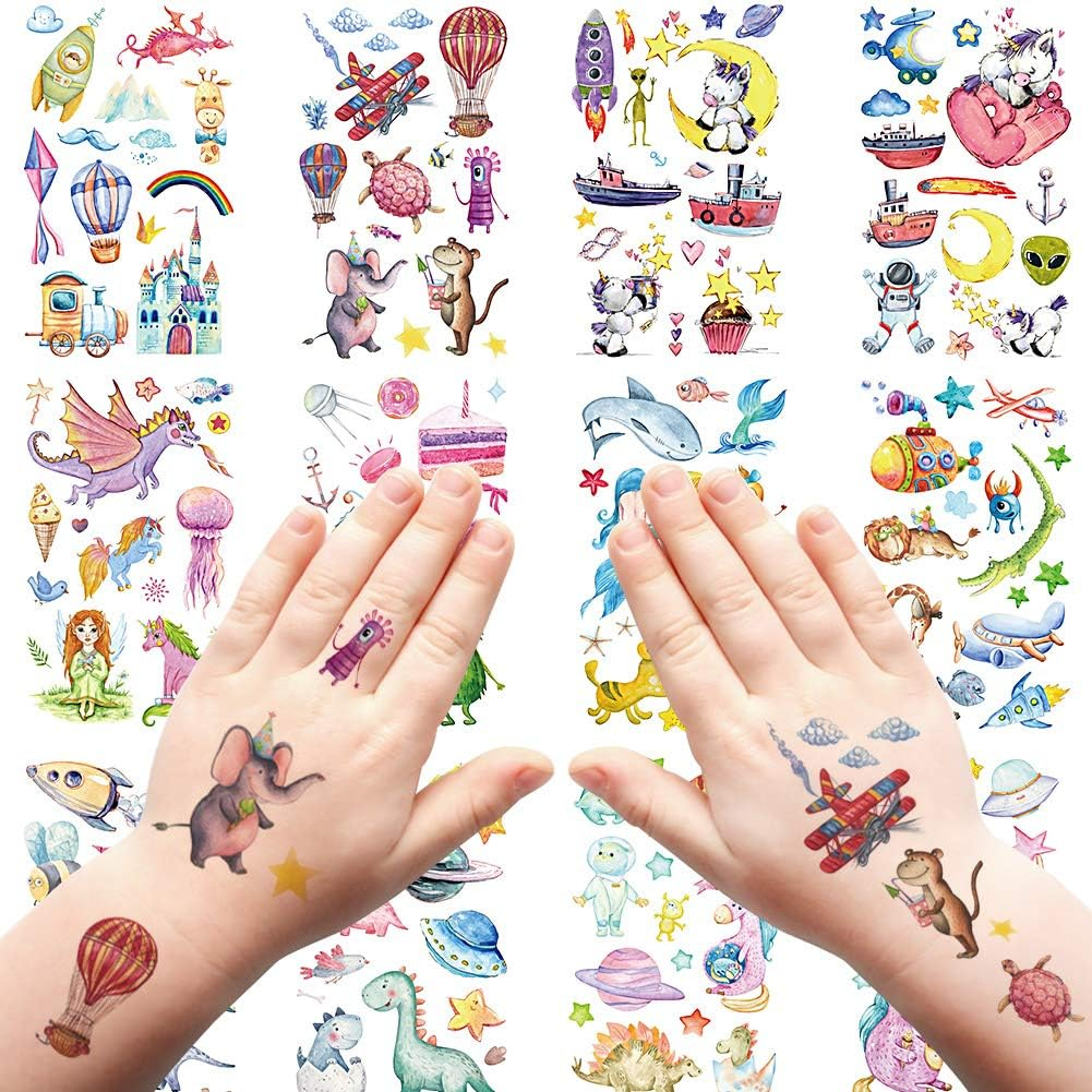 Kids Temporary Tattoos for Little Girls Boys, 120+ Small Space Astronaut Alien Dinosaur Mermaid Fake Face Stickers for Children Birthday Party Supplies Goodie Bag Stuffers image number 3