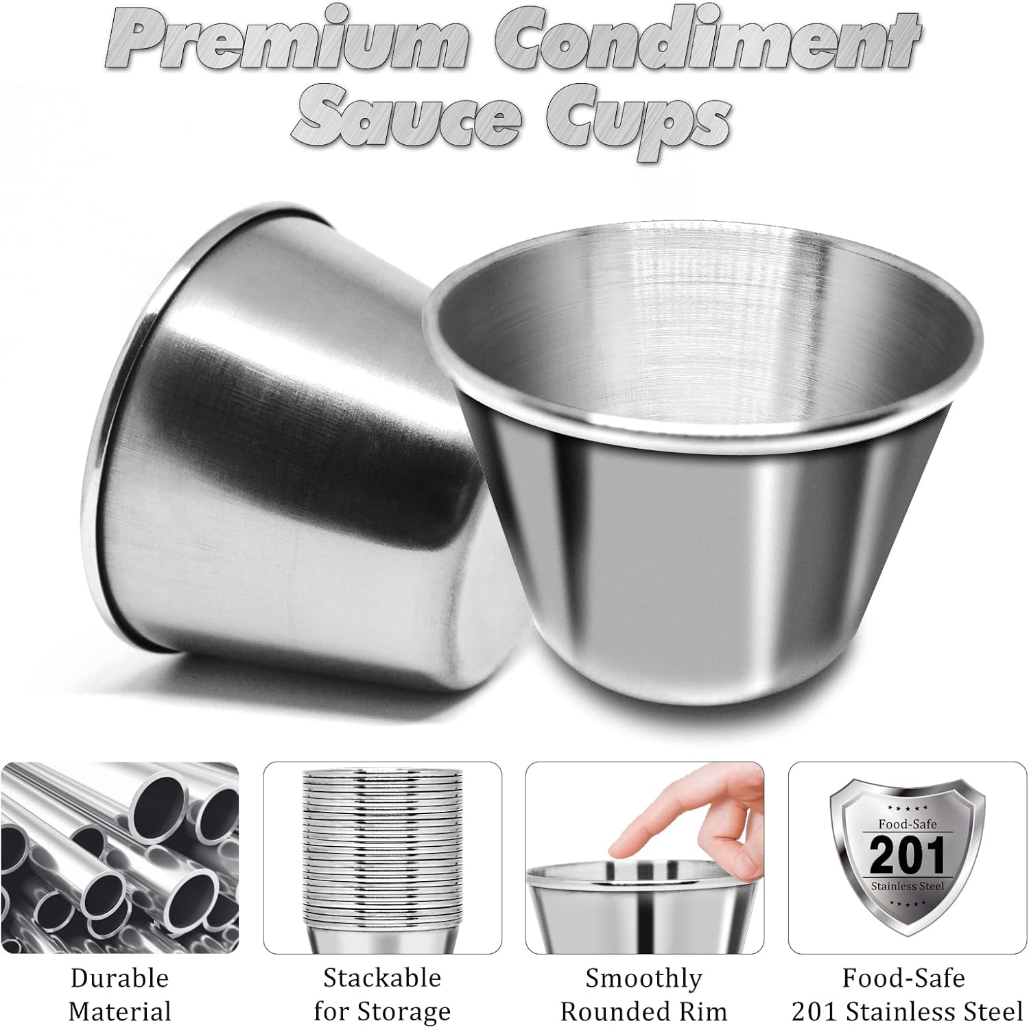 DJZZ 50 Pcs Metal Sauce Cups 2.5Oz Ramekins, Stainless Steel Dipping Containers, Reusable round Butter Dressing Bowls for Restaurants image number 4