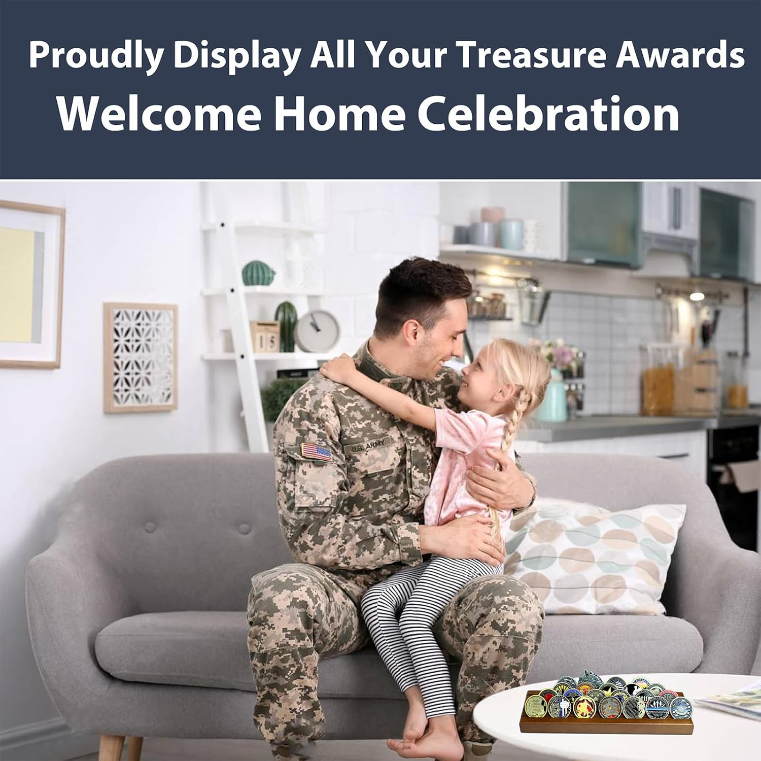 Challenge Coin Display Stand 4 Rows Wooden Military Coin Holder Rack Case Holds 30 Coins, Walnut Finish image number 1