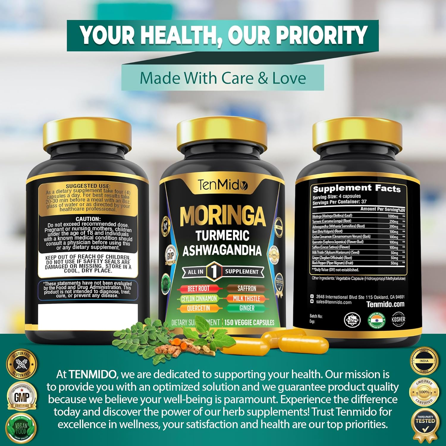 Moringa Oleifera Supplement for Men and Women, 10In1 Formula with Turmeric, Ashwagandha, Ceylon Cinnamon, Beet Root, Saffron & More - 150 Capsules image number 2