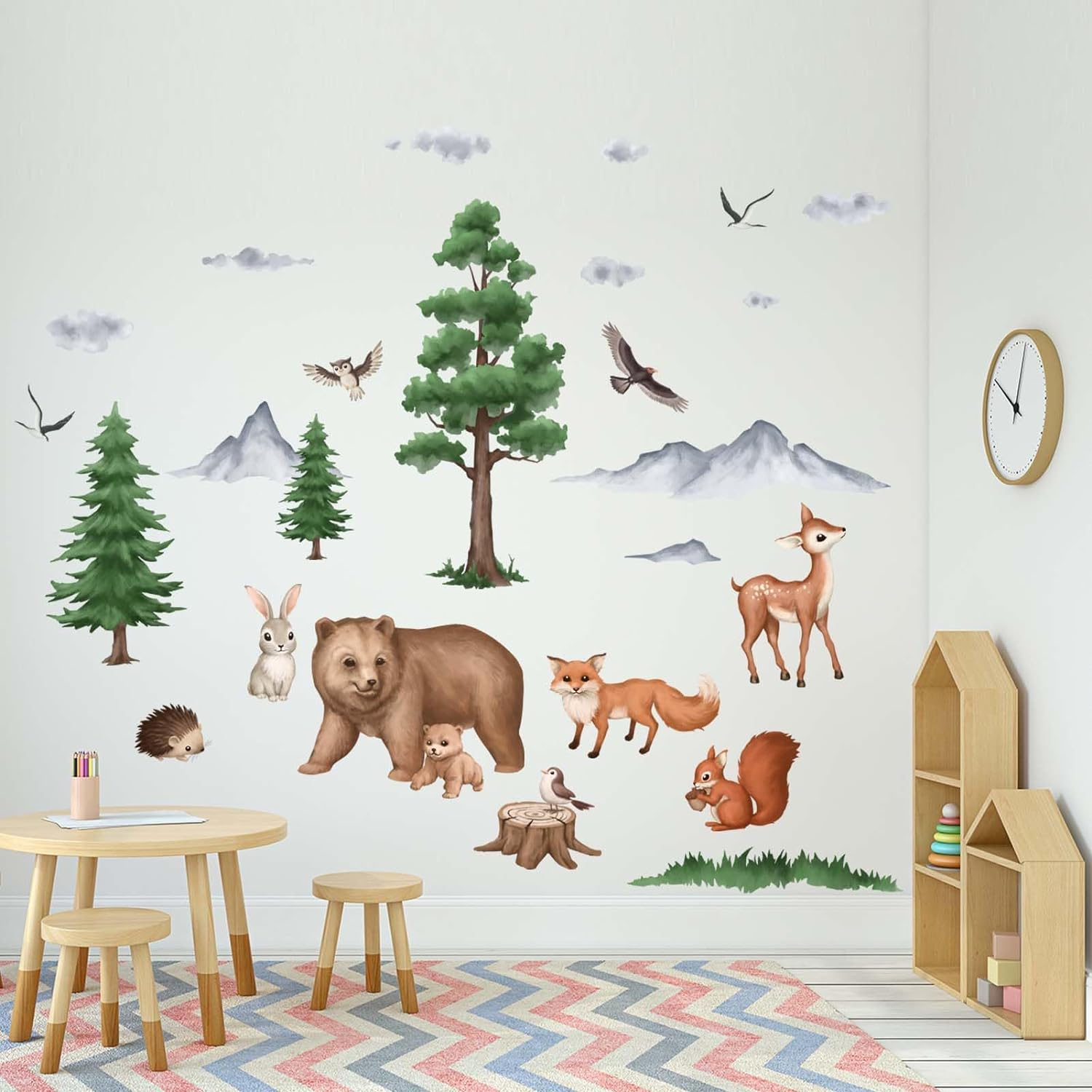 Woodland Animals Wall Stickers - Bear Fox Squirrel Birds Deer Rabbit Baby Nursery Wall Decals - Kids Bedroom Daycare Playroom Classroom Wall Decor image number 3