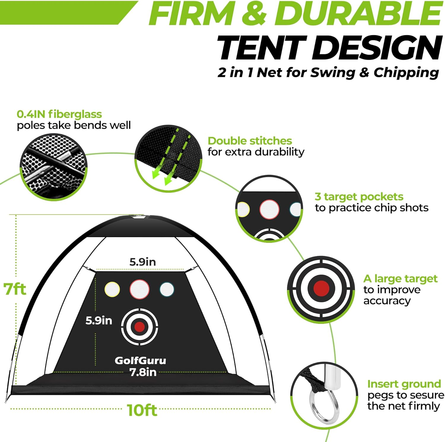Golfguru All-In-1 Golf Practice Net, 10X7Ft with XL Tri-Turf Mat, Impact Target, 10 Balls, 9 Tees, Carry Bag - for Backyard Driving Chipping Indoor image number 3