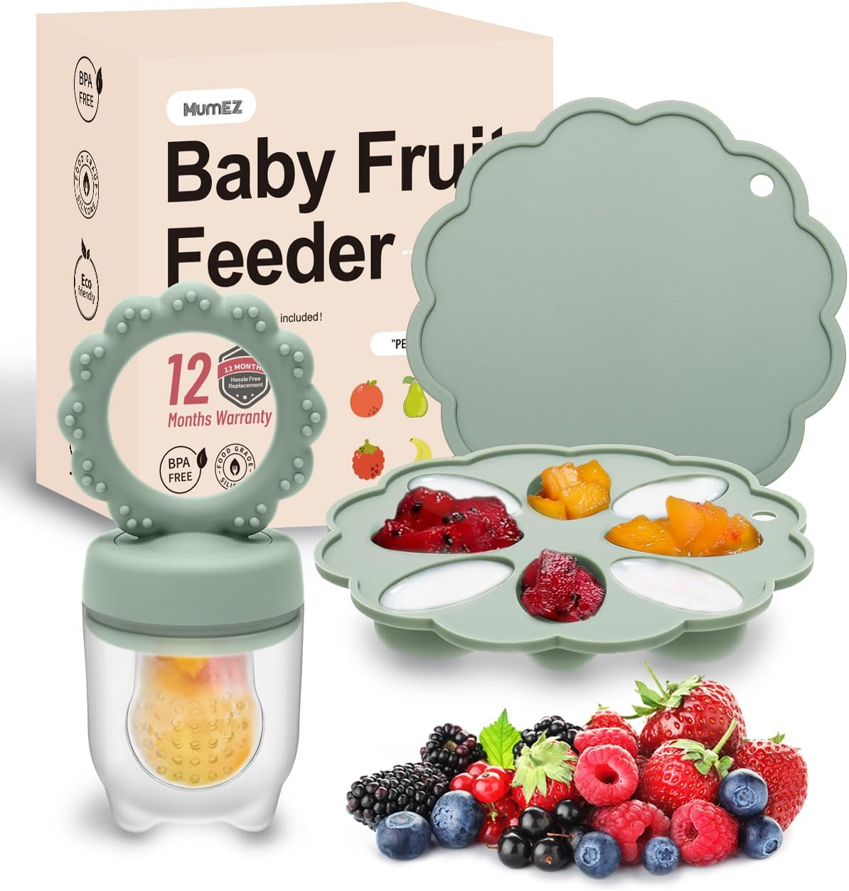 Baby Fruit Food Feeder, Mini Popsicle Ice Tray Set, BPA Free Silicone Baby Feeder for Safe Solid Food Feeding, Breastmilk Popsicle Molds for Cooling Relief, 4 Month+(Green Set) image number 2