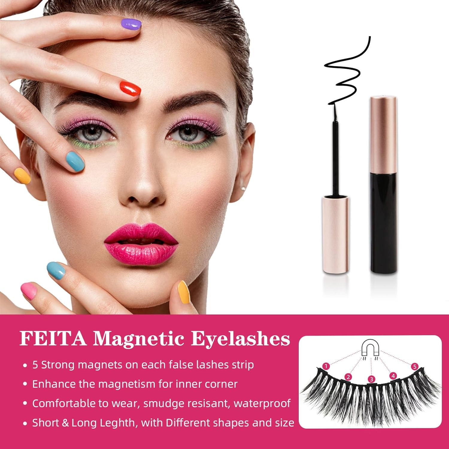 Magnetic Lashes with Applicator & Magnetic Eyeliner Kit - FEITA Reusable 3D 5D Magnetic Eyelashes Pack with 1 Tweezers & Upgraded 4 Tubes Magnetic Eyeliner, No Glue (15 Packs)