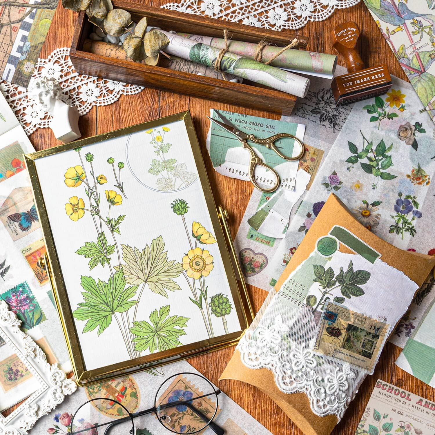 50 Pages Vintage Scrapbook Sticker and Scrapbook Paper Decorative Washi Sticker Retro Decoupage Paper Sticker Book for Adults Scrapbook Supply for Journaling Card Making Handicraft Collage (Lime) image number 4