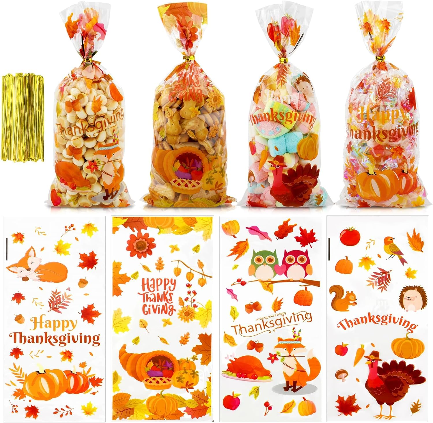 Thanksgiving Treat Bags 100 Pack - Fall Cellophane Goodie Bags with Maple Leaves Pumpkin Design - Candy Gift Bags with Twist Ties for Autumn Party Favor Supplies Decoration image number 5