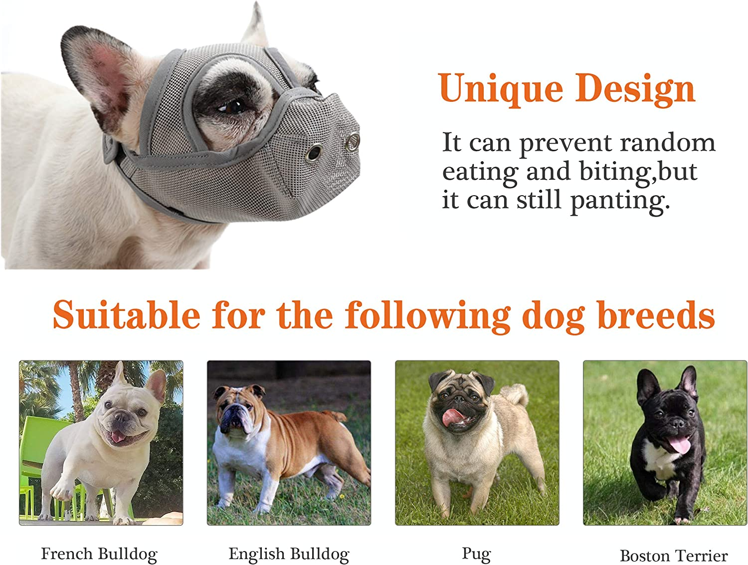 Short Snout Dog Muzzle - Adjustable Breathable Mesh for Bulldogs, Anti-Biting and Training, Can Stick Out Tongue and Drink Water (S 15.3"-16.1", Grey) image number 4