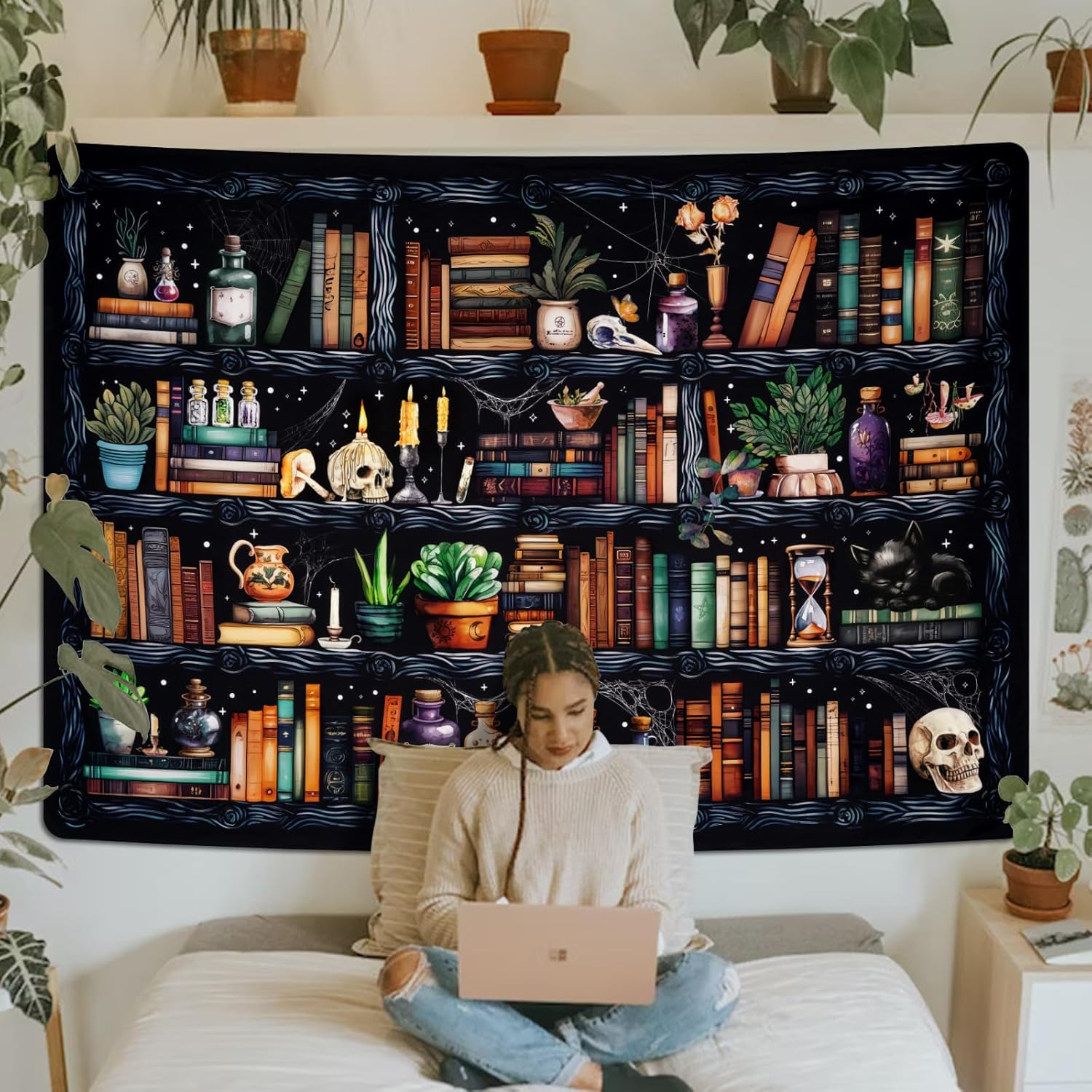 Uspring Magical Book Tapestry Goth Skull Vintage Botanical Black Cat Wall Tapestry Hanging for Bedroom Home Decor (59.1 X 59.1 Inches) image number 1